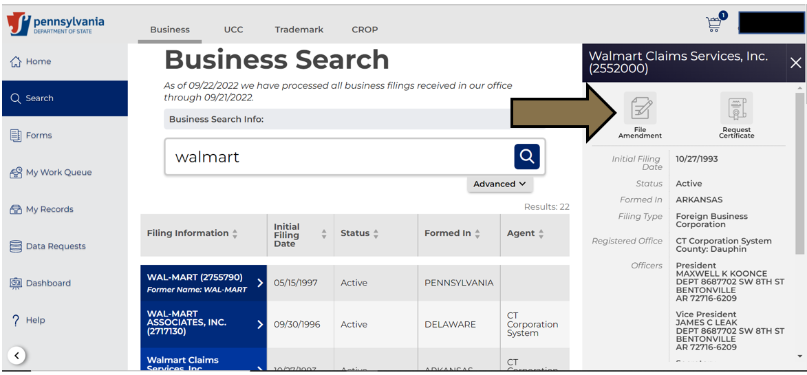 Arrow pointing to the File Amendment button in Business Filing Services.