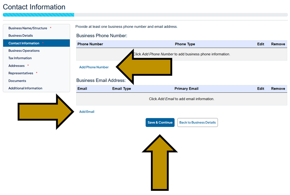 Arrows pointing to the Add Phone Number, Add Email, and Save and Continue buttons under the Contact Information tab in the Business Hub's New Business Profile section. 