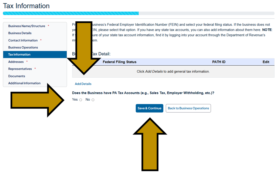 Arrows pointing to the Add Details, Yes/No option, and Save and Continue buttons under the Tax Information tab in the Business Hub's New Business Profile section. 