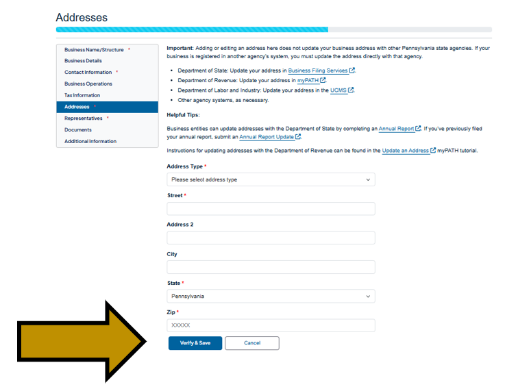 Arrows pointing to the Verify and Save button under the Addresses tab in the Business Hub's New Business Profile section. 