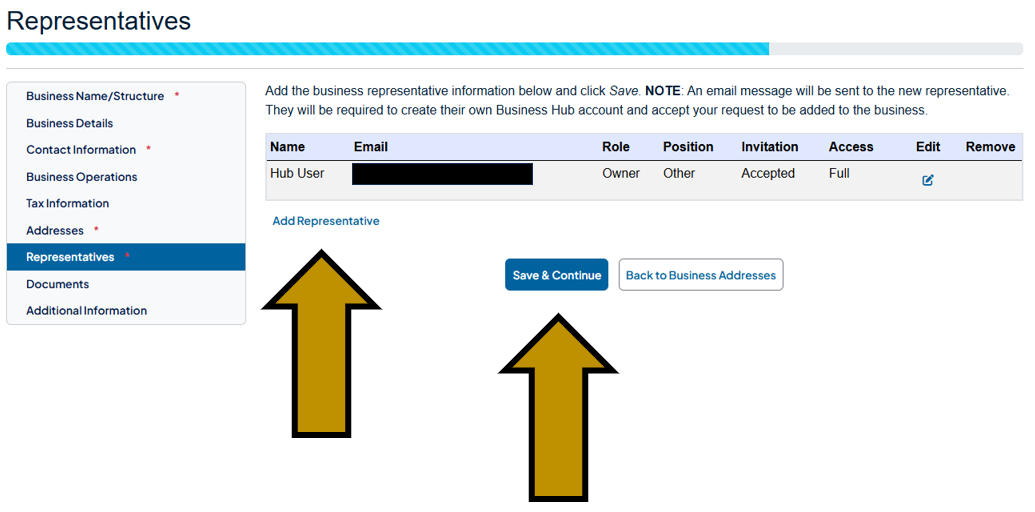 Arrows pointing to the Add Representative and Save and Continue buttons under the Representatives tab in the Business Hub's New Business Profile section. 