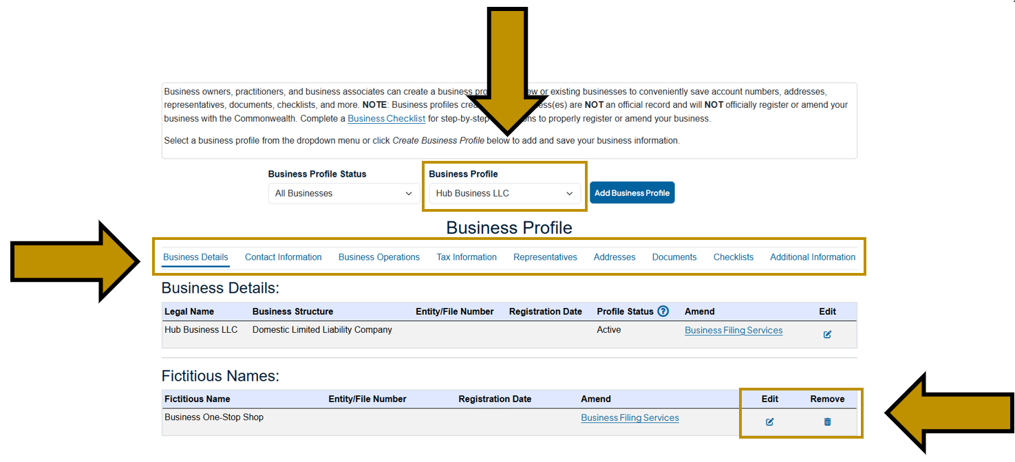 Arrows pointing to boxes highlighting the Business Profile dropdown selection, the Business Profile menu bar, and the Edit and Remove options in the Business Hub's Active Business Profile section. 