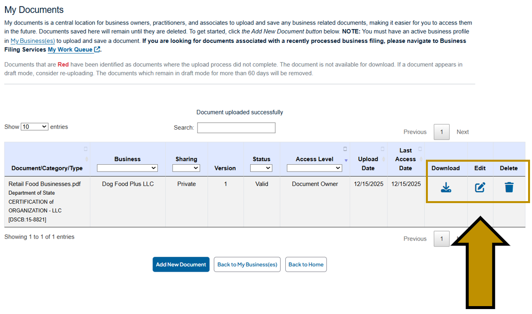 Arrow pointing to the Download, Edit, and delete buttons on the My Documents page in the Business One-Stop Shop Hub.