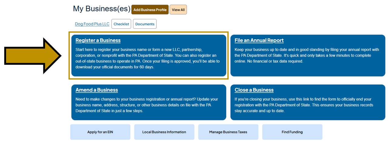 Arrow pointing to the Quick Action button titled Register a Business under My Business(es) on the Business One-Stop Shop Hub Dashboard.