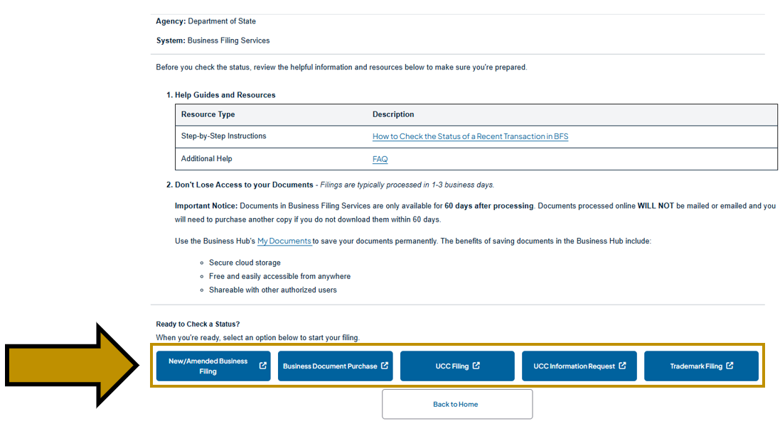 Arrow pointing to the navigation buttons on the Check a Status landing page within the Business One-Stop Shop Hub.  
