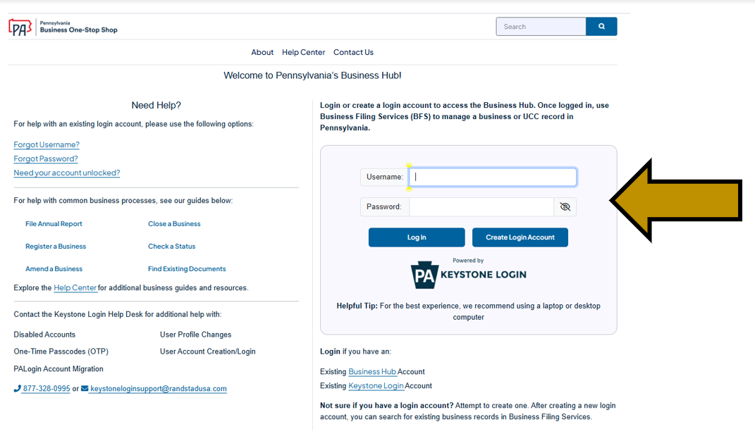 Arrow pointing to the username and password fields on the login page of the Business One-Stop Shop Hub.