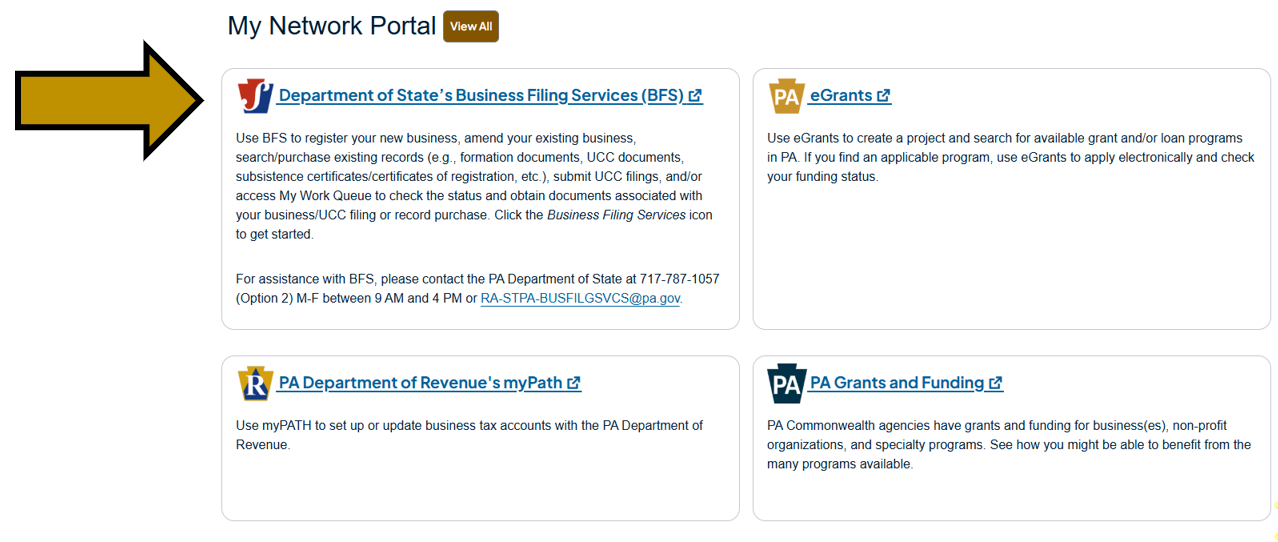 Arrow pointing to the Business Filing Services link under My Network Portal on the Business One-Stop Shop Hub homepage.