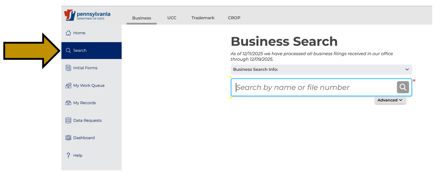Arrow pointing to the Search feature in Business Filing Services.