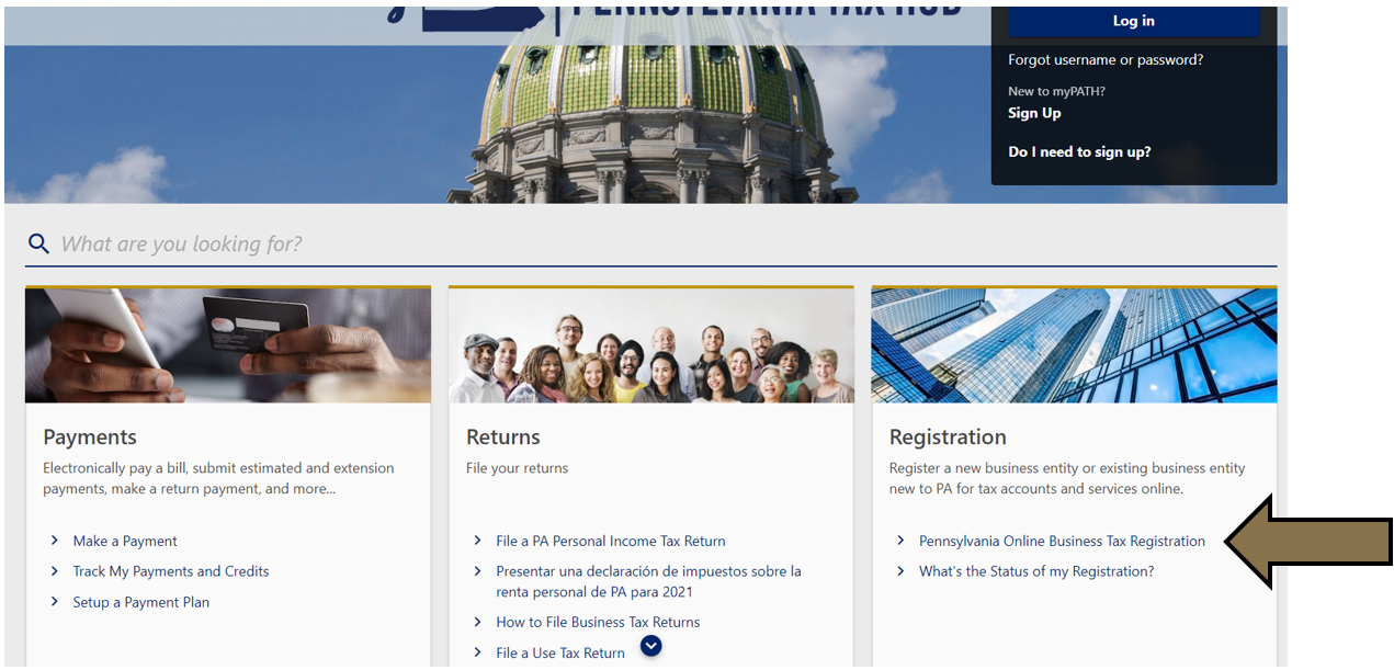 Arrow pointing to the Pennsylvania Online Business Tax Registration link in myPath.