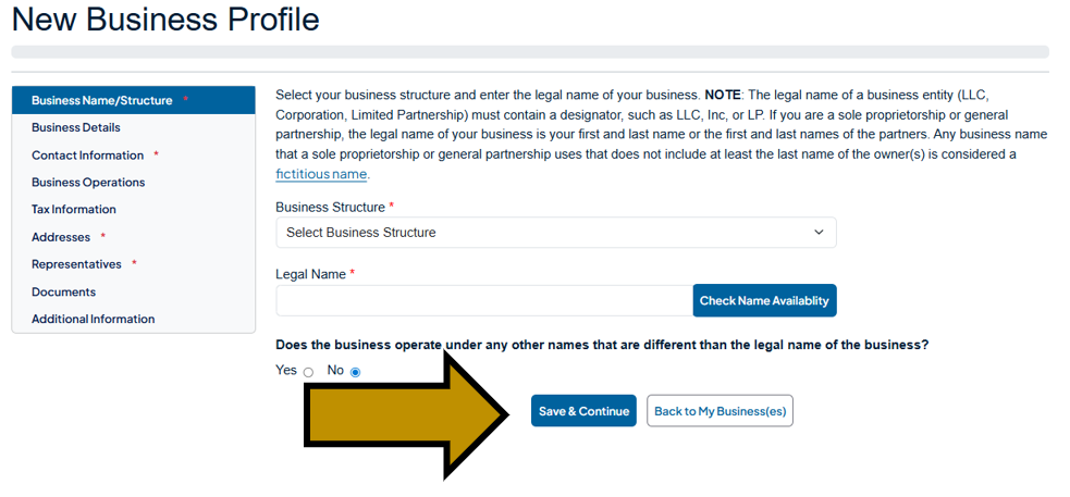 Arrow pointing to the Save and Continue button on the create a new business profile screen.