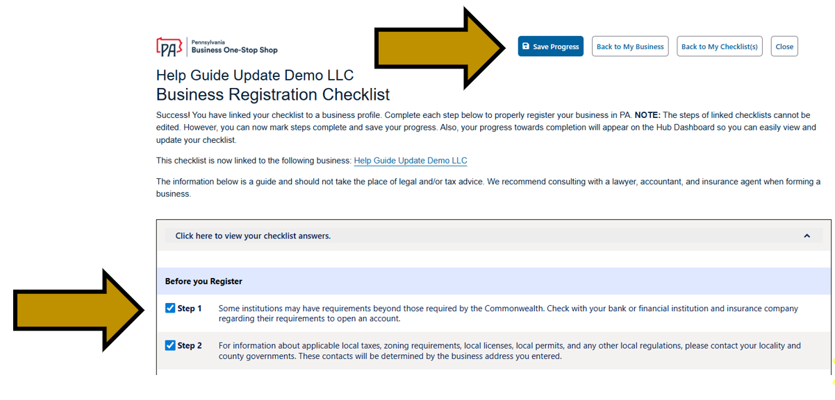 Arrows pointing to the completed steps indicated by a check mark and the menu options including save, back to my business, back to my checklist(s), and close.