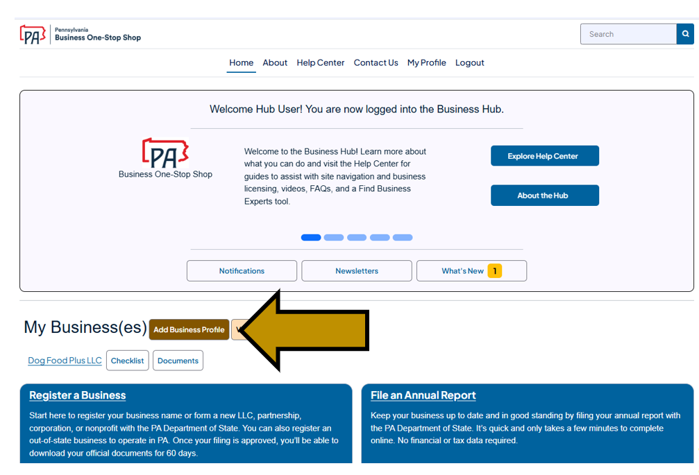 Arrow pointing to the Add Business Profile button under My Business(es) on the Business Hub homepage.