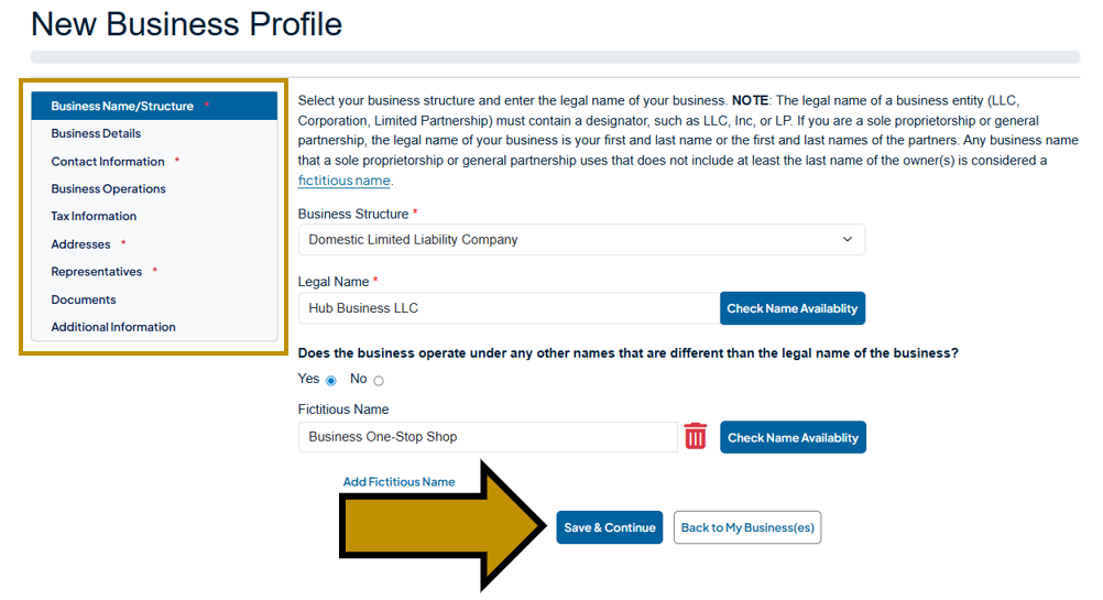 Arrow pointing to the Save and Continue button on the New Business Profile Screen.