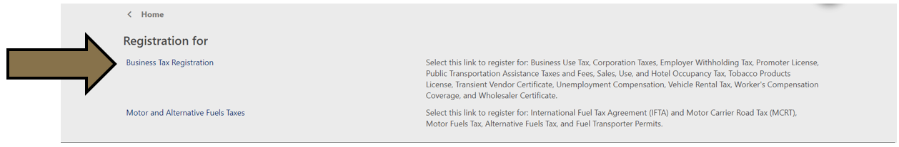 Arrow pointing to Business Tax Registration link in myPath.