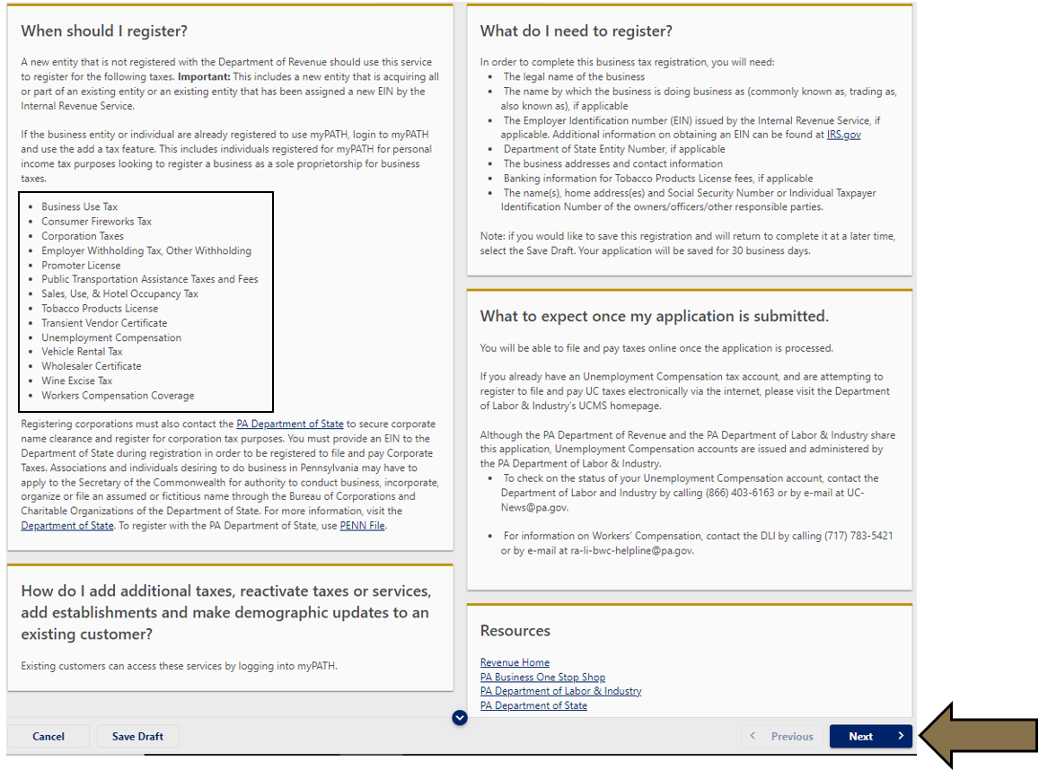 Arrow pointing to Next button of Business Tax Registration in myPath.