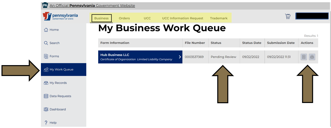 Arrows pointing to the My Work Queue in the menu, the Status column, and Actions column in Business Filing Services.  