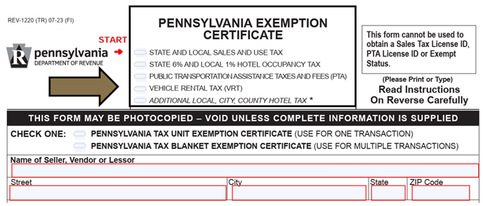 Arrow pointing to the starting section of the Pennsylvania Exemption Certificate.