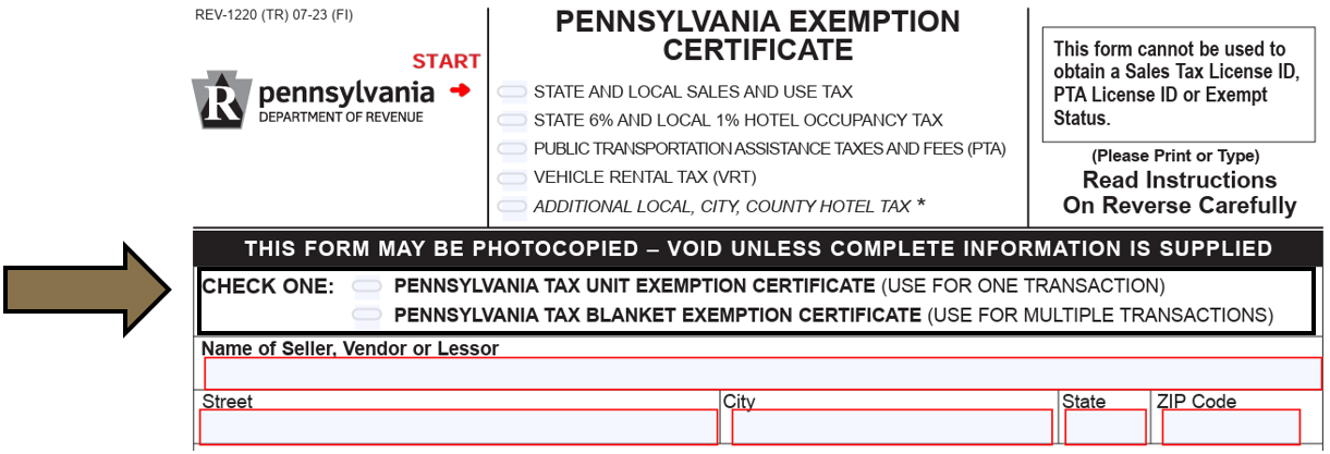 Arrow pointing to the Check One section of the Pennsylvania Exemption Certificate.