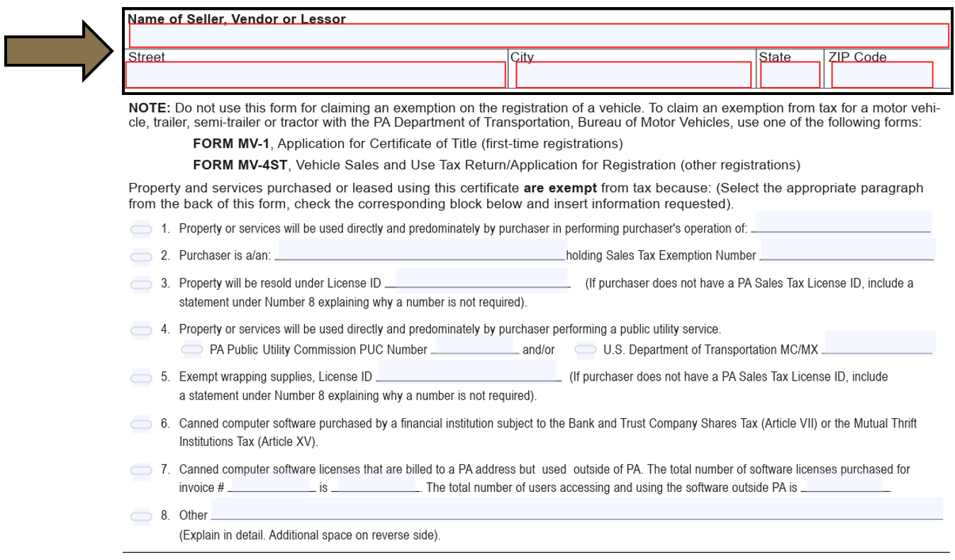 Arrow pointing to the Name of Seller, Vendor, or Lessor section of the Pennsylvania Exemption Certificate.