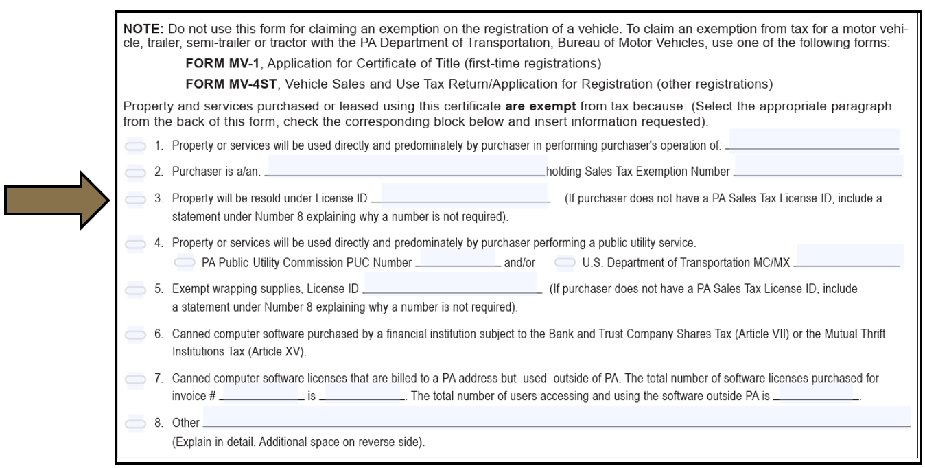 Arrow pointing to the Exemption Type section of the Pennsylvania Exemption Certificate.