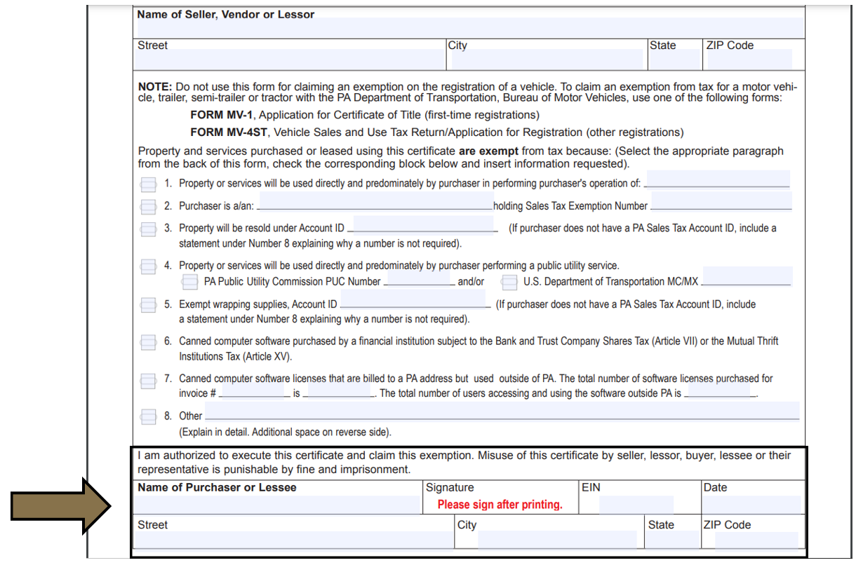Arrow highlights the authorization/signature portion on the Pennsylvania Department of Revenue's Pennsylvania Exemption Certificate Form REV-1220.