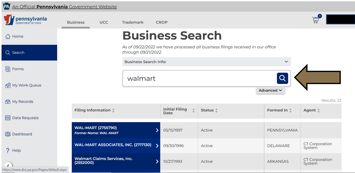 Arrow pointing to the Search field in Business Filing Services.