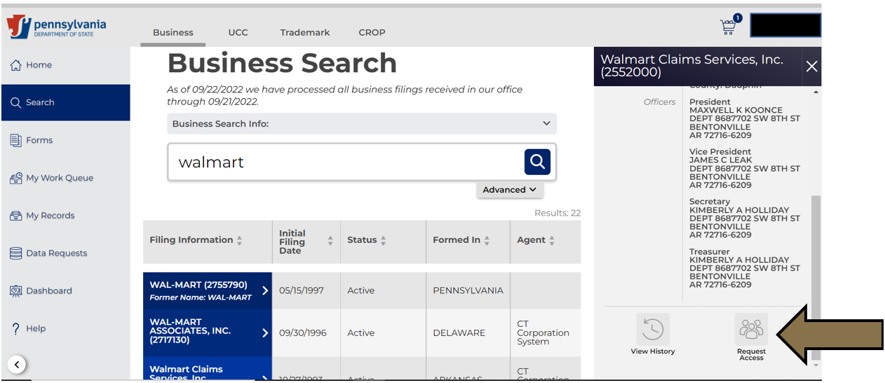 Arrow pointing to the Request Access button in Business Filing Services.