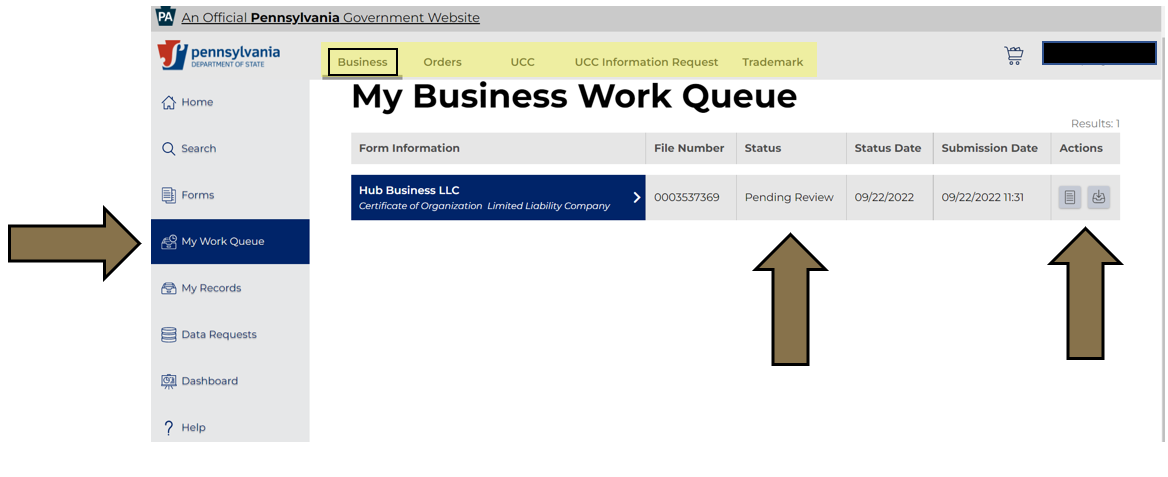 Arrows pointing to the My Work Queue in the menu, the Status column, and Actions column in Business Filing Services.