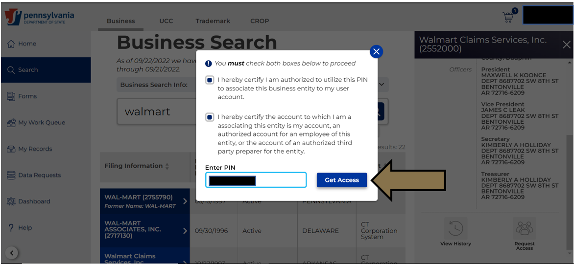 Arrow pointing to the Get Access button in Business Filing Services.